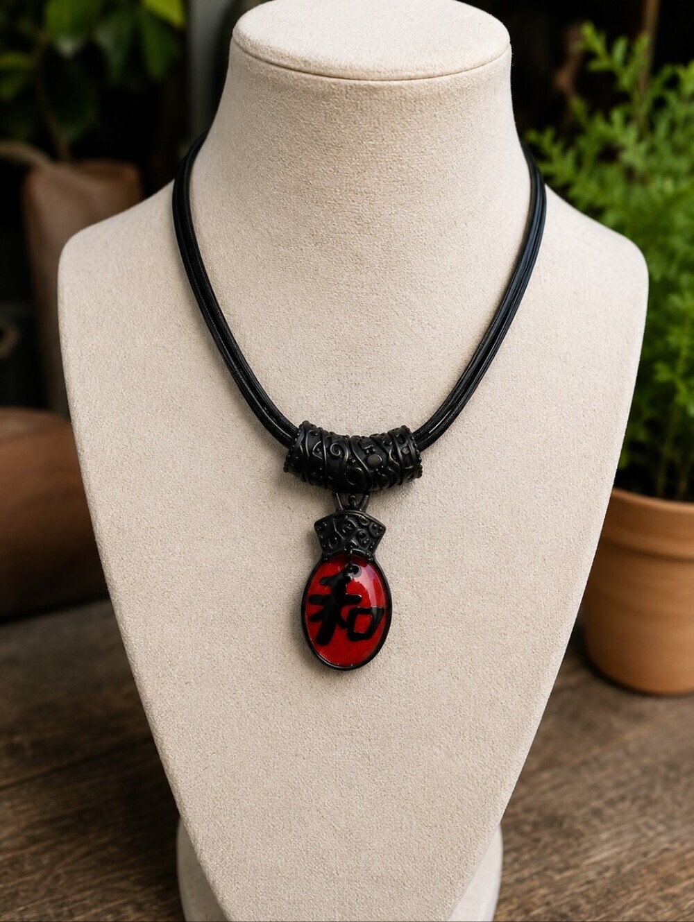 🩵Asian-Inspired Black Cord Necklace with Red Oval Pendant